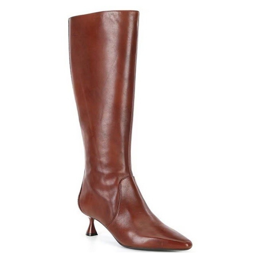 NEW Alex Marie Leather Knee High Boots Women 6.5 Brown Croc Kitten Heel Pointed‎